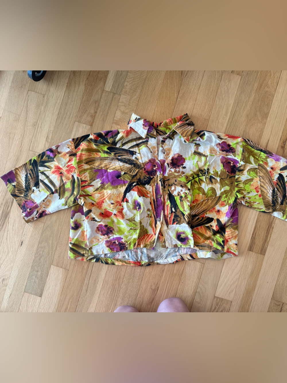 Floral Linen Short-Sleeve Button Front Crop Top - Multi